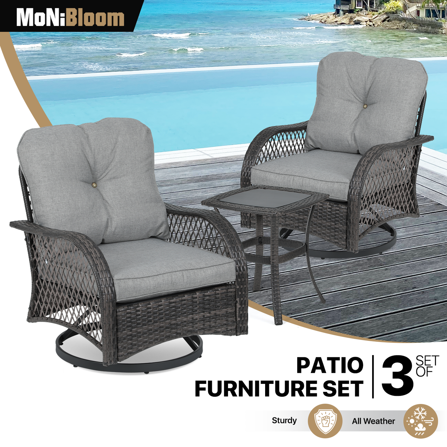 Patio Set - 2 Swivel Chair, 1 Table - Gray