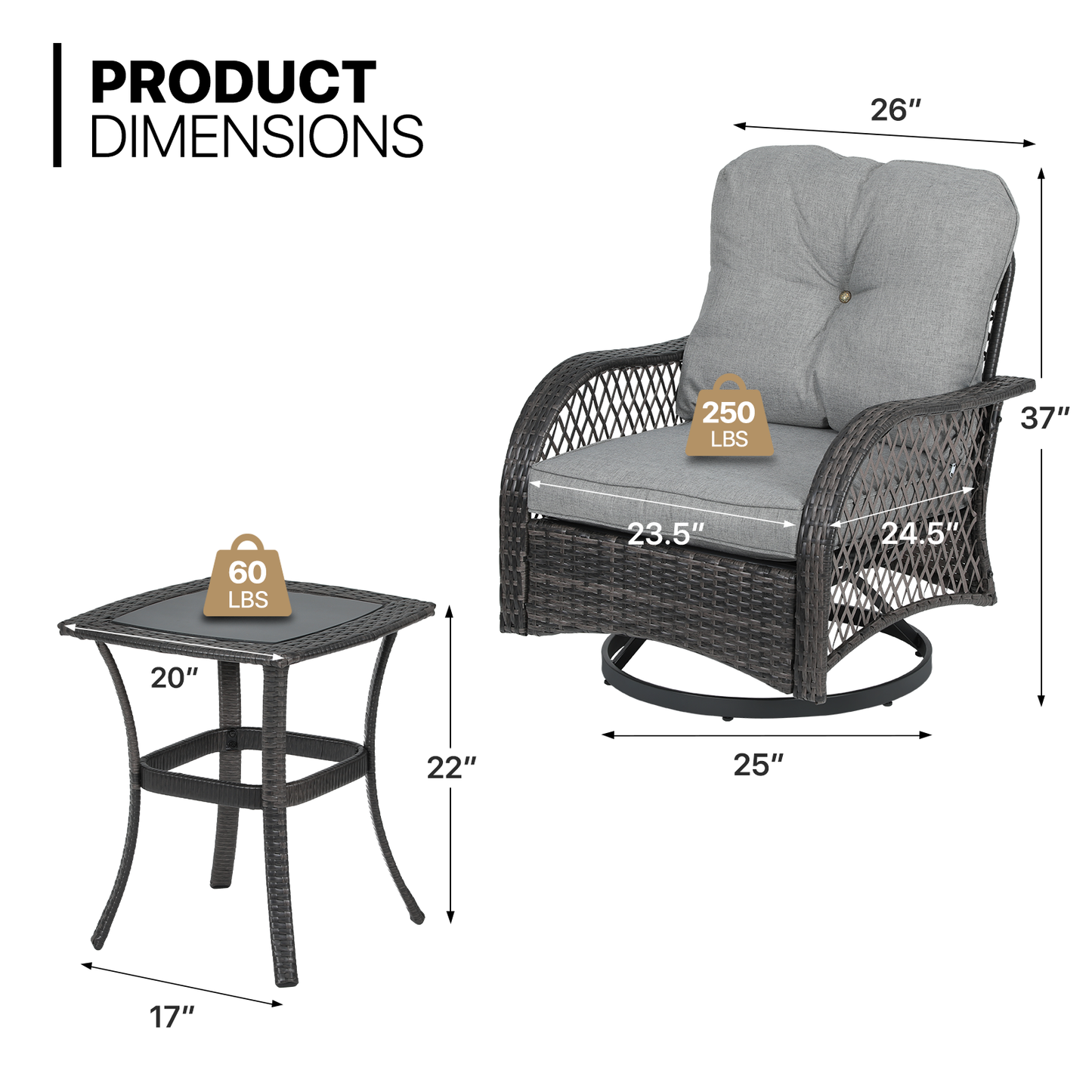 Patio Set - 2 Swivel Chair, 1 Table - Gray