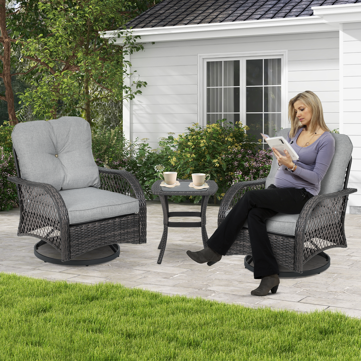 Patio Set - 2 Swivel Chair, 1 Table - Gray