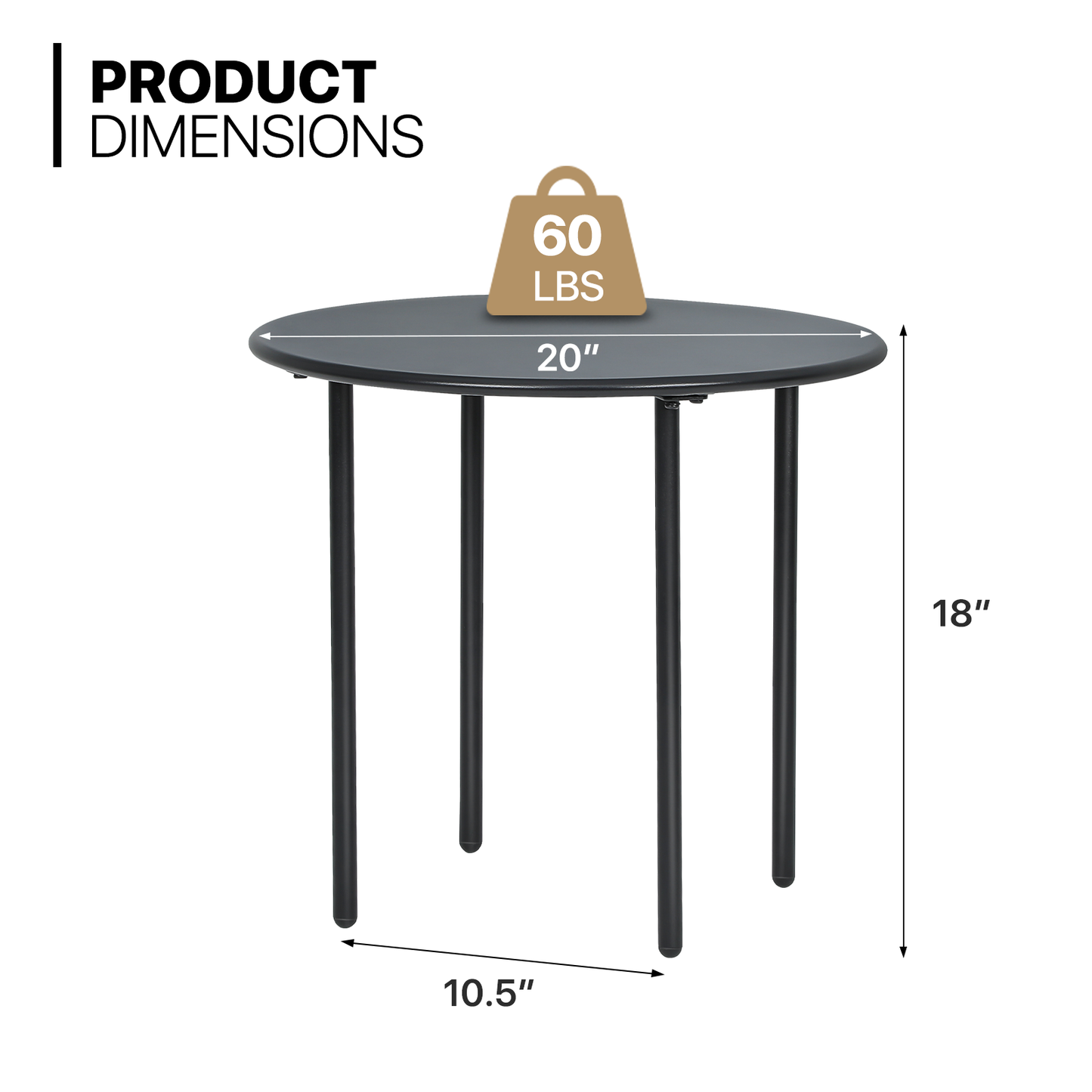 20" Steel Round Table - 4-Legs- Black