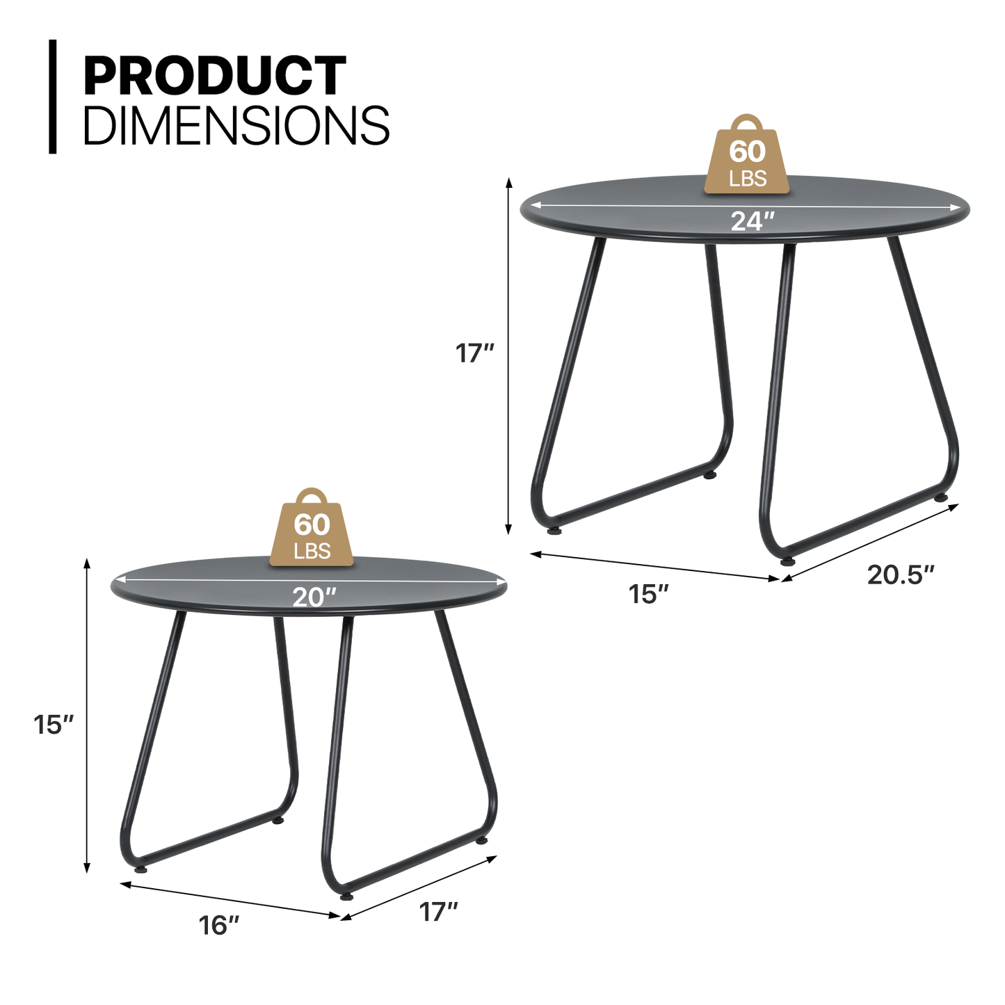 Set of 2 Steel Round Table - 24 Inch & 20 Inch