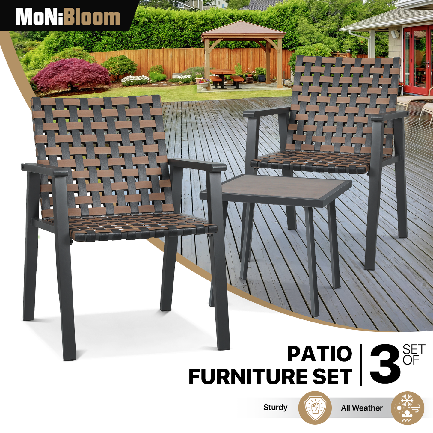 Patio Set - PE Rattan - 2 Single Chair+1 Table - Black