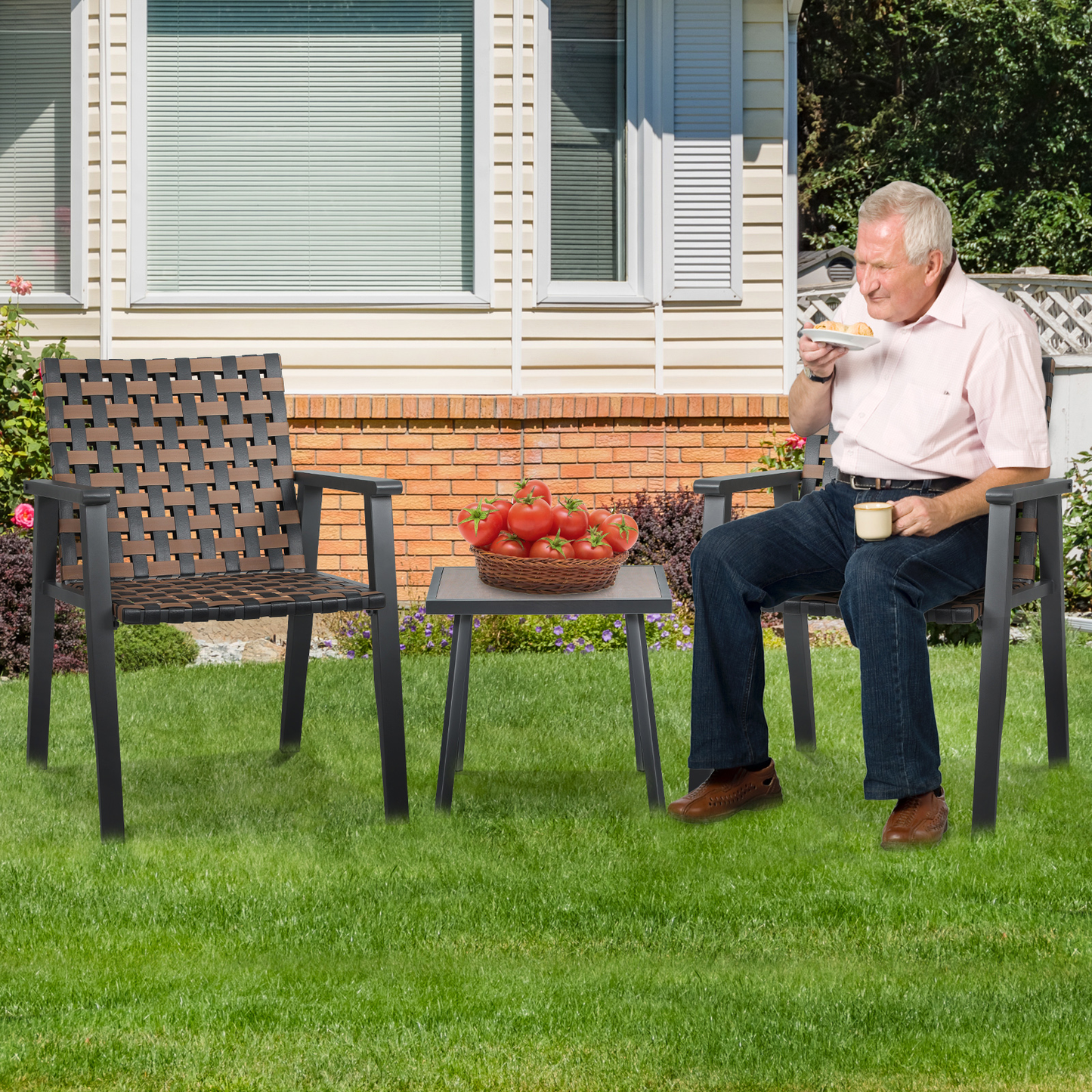 Patio Set - PE Rattan - 2 Single Chair+1 Table - Black