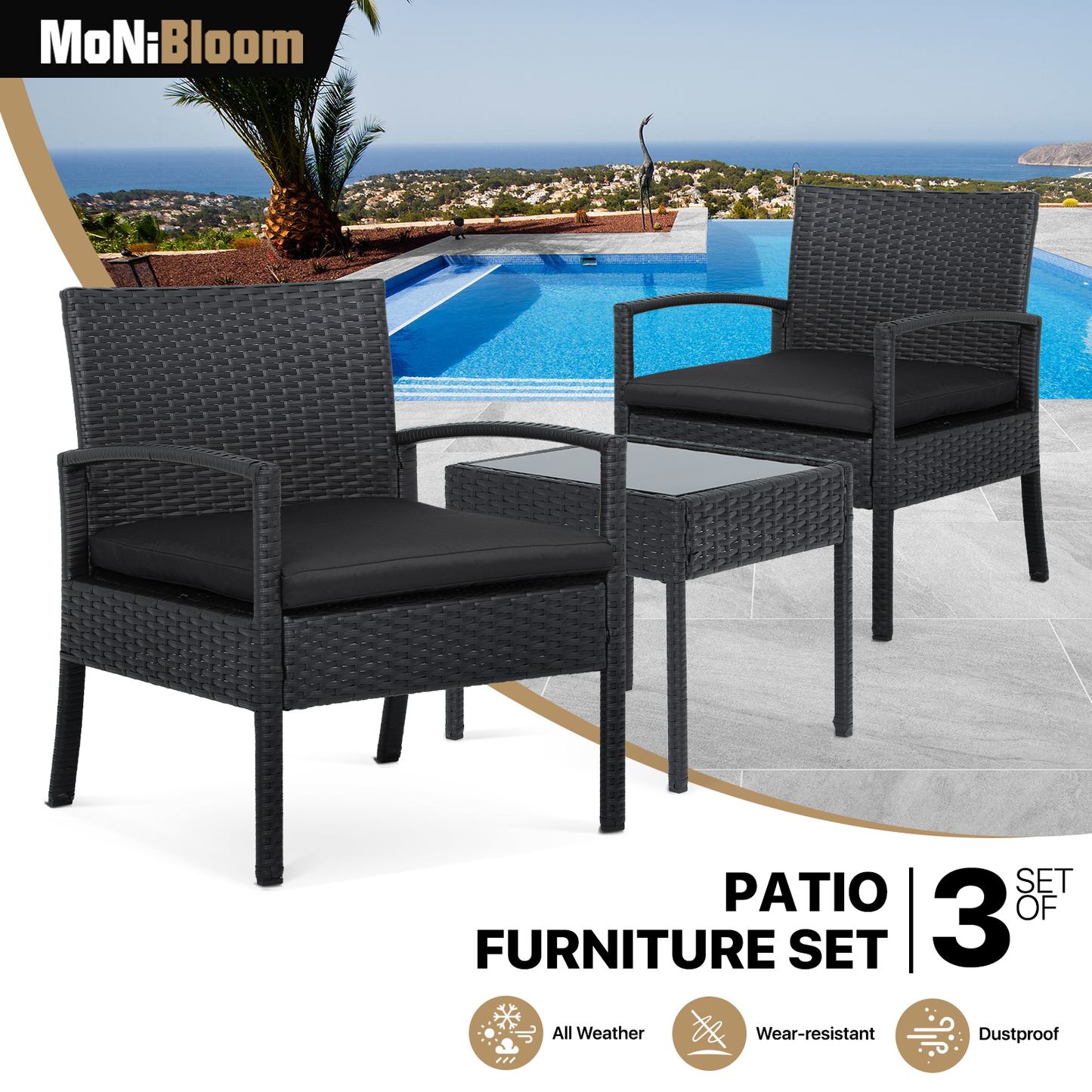 PE Rattan Patio Furniture Set - 2 Single Chair, 1 Table