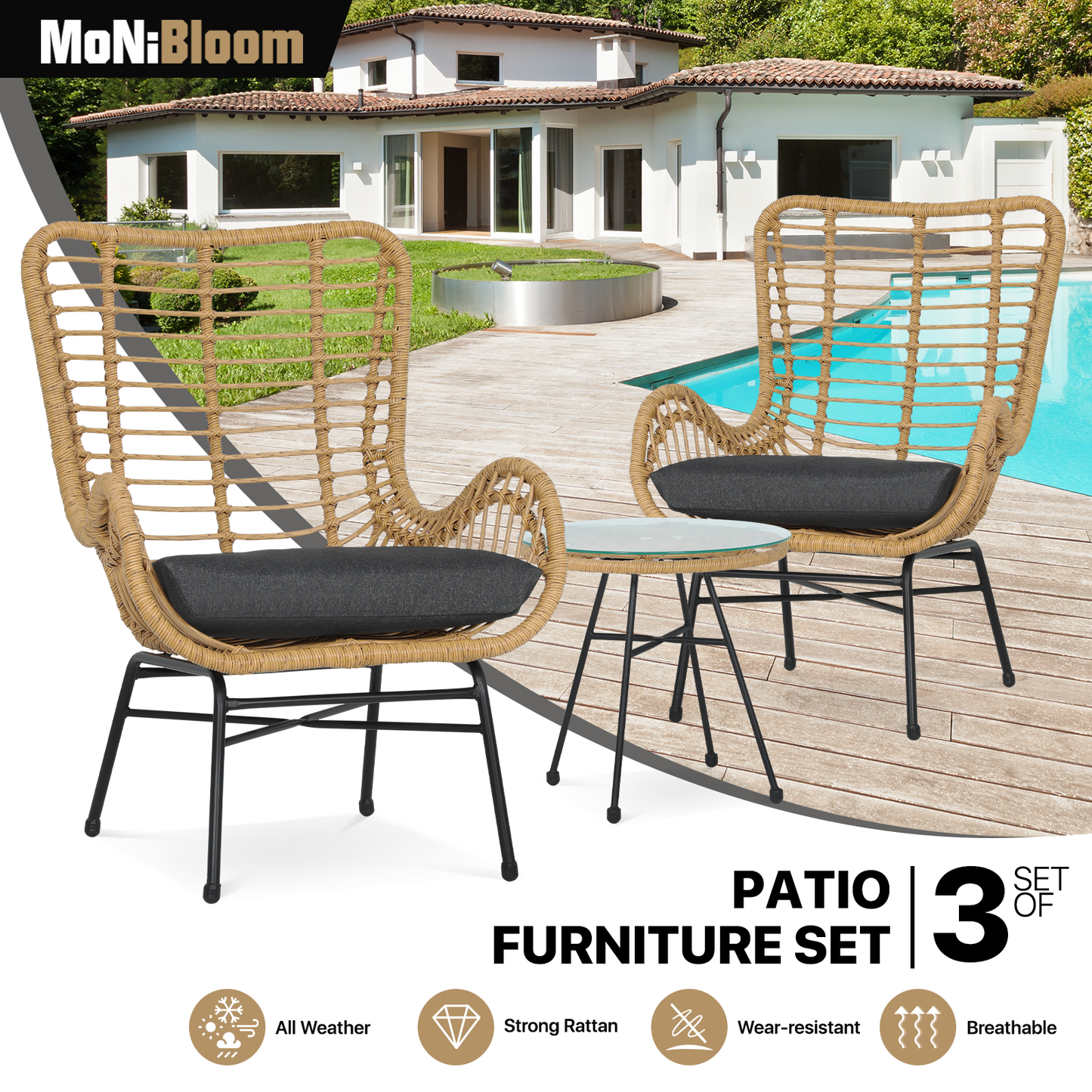 Teslin Cloth Patio Set - 2 Single Chair, 1 Table