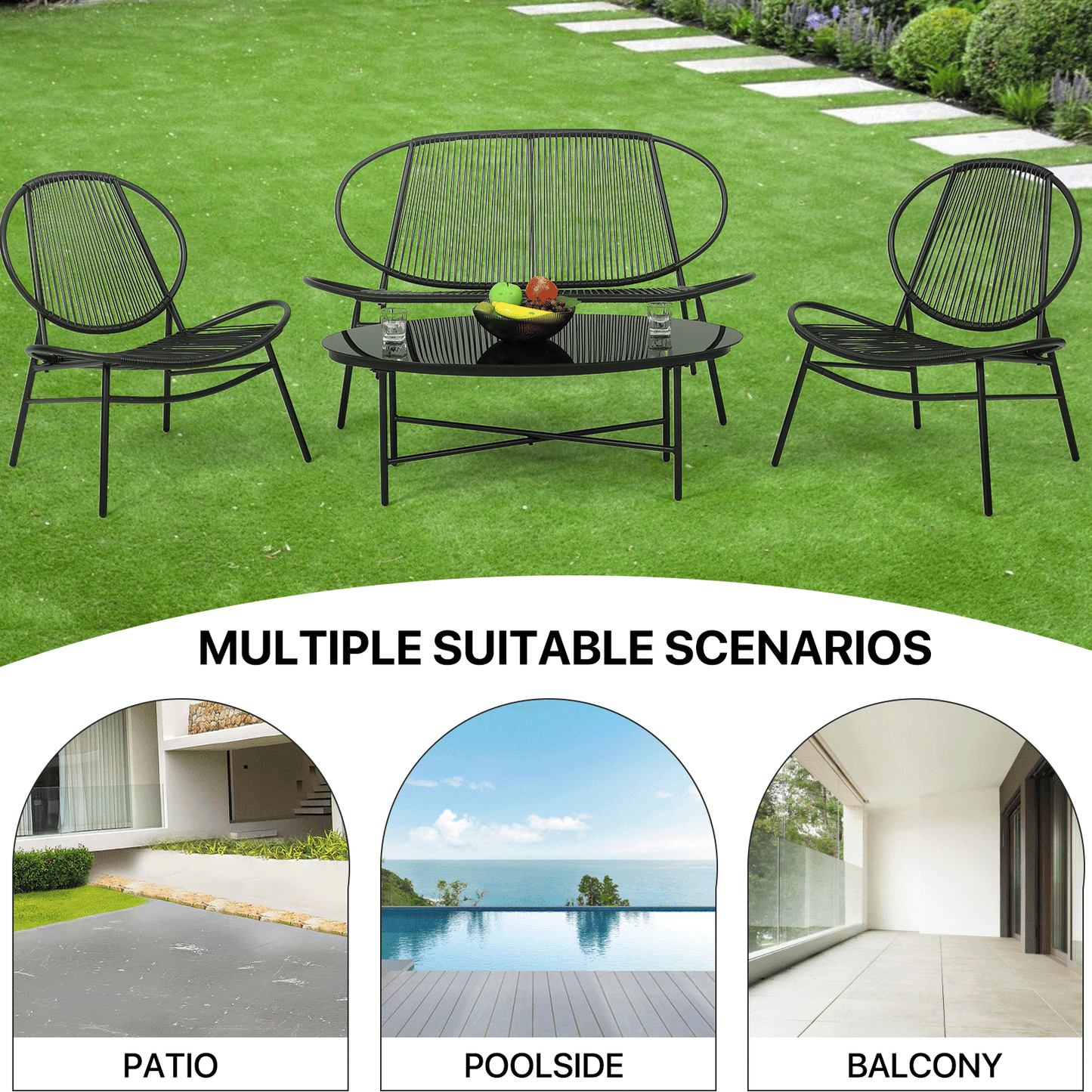 Patio Furniture Set - PE Rattan - 2 Single Chair+1 Double Chair+1 Table