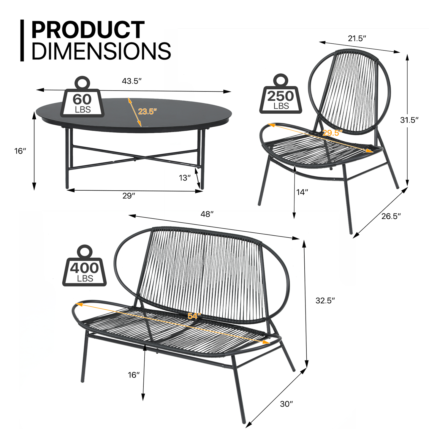 Patio Furniture Set - PE Rattan - 2 Single Chair+1 Double Chair+1 Table