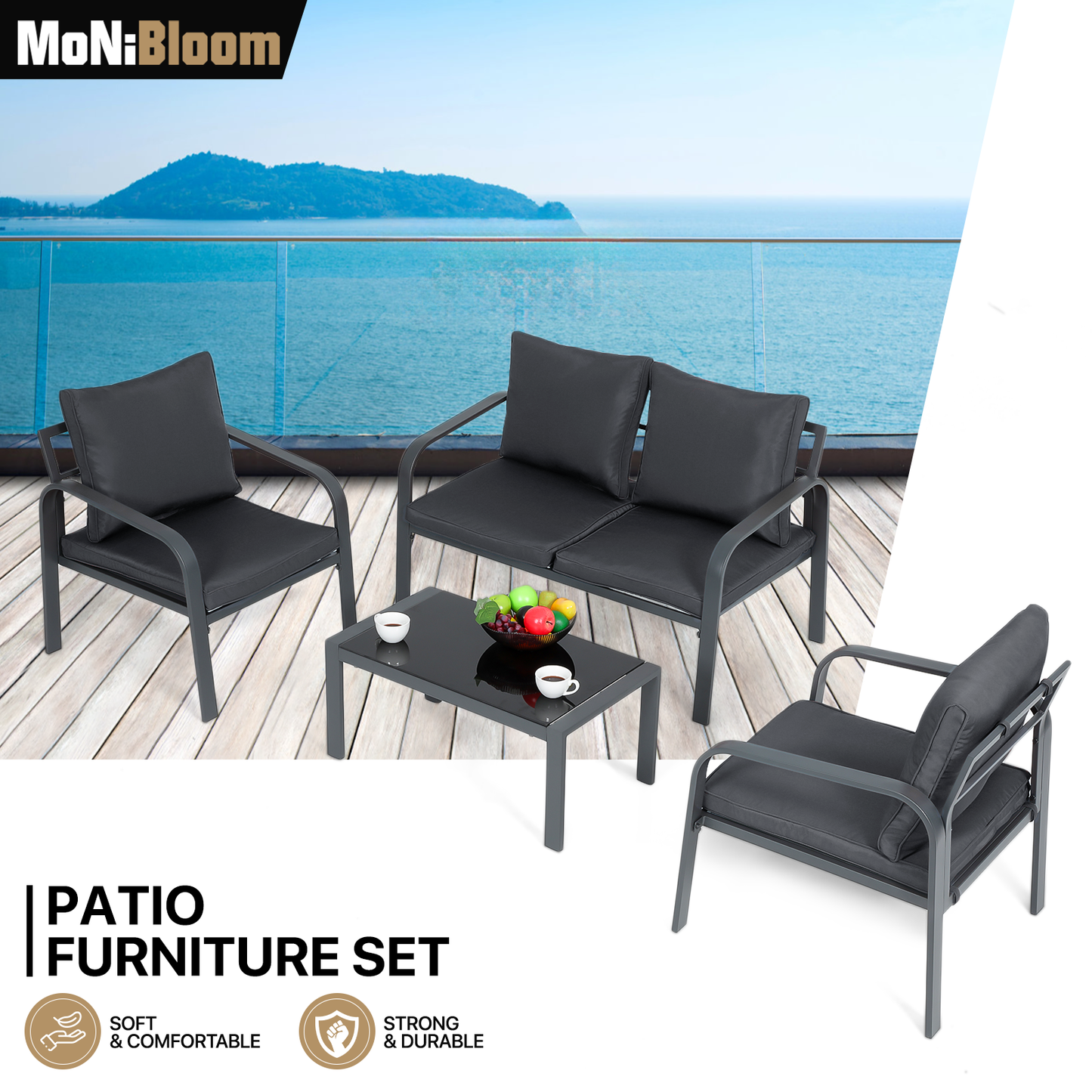 Patio Furniture Set - 2 Single Chair+1 Double Chair+1 Table - Teslin Cloth