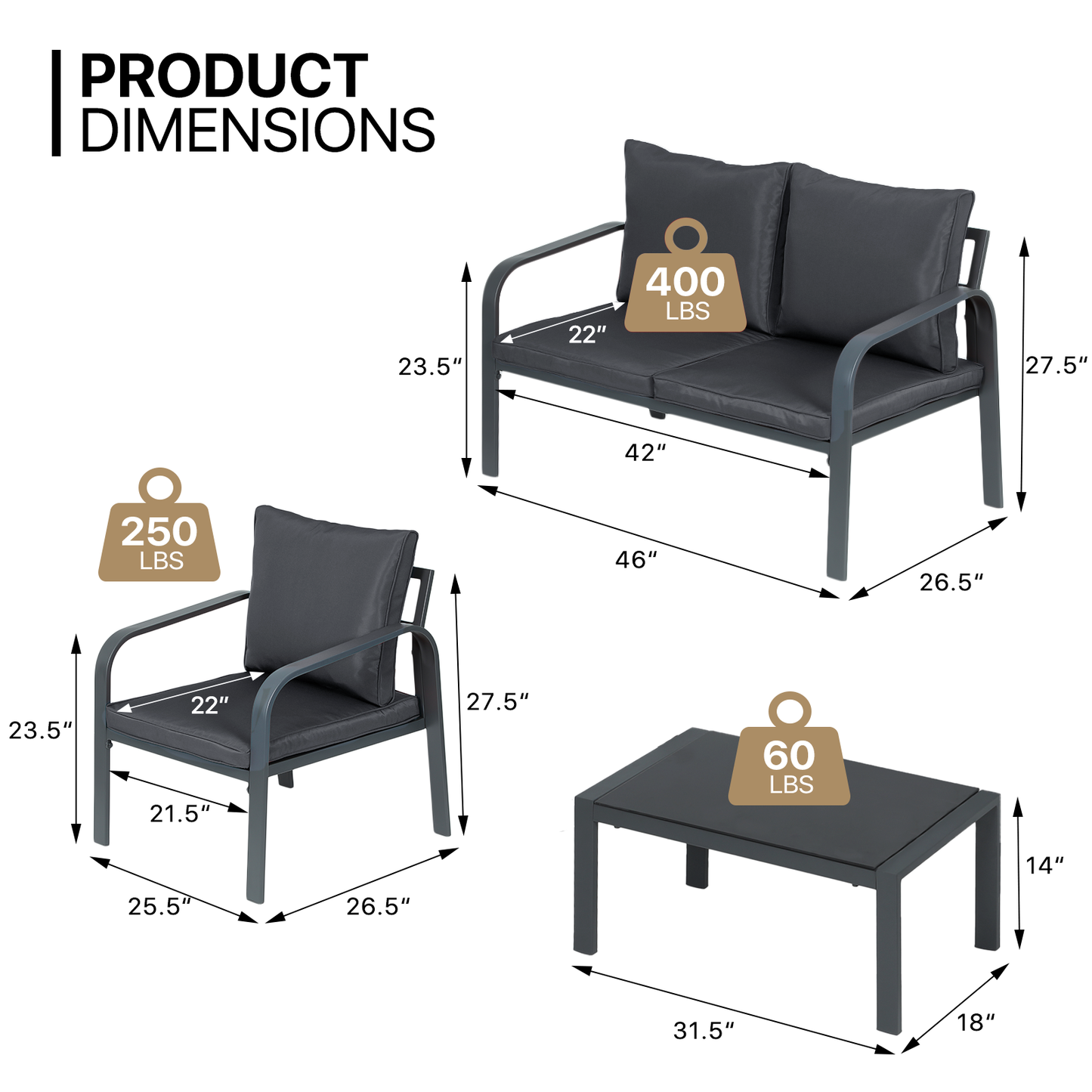 Patio Furniture Set - 2 Single Chair+1 Double Chair+1 Table - Teslin Cloth