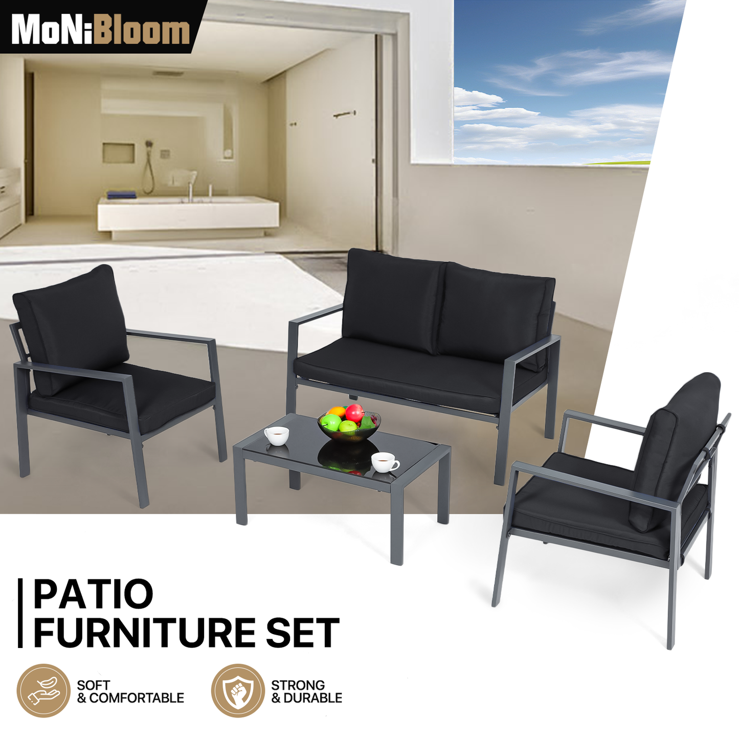 Patio Furniture Set - 2 Single Chair+1 Double Chair+1 Table - Teslin Cloth