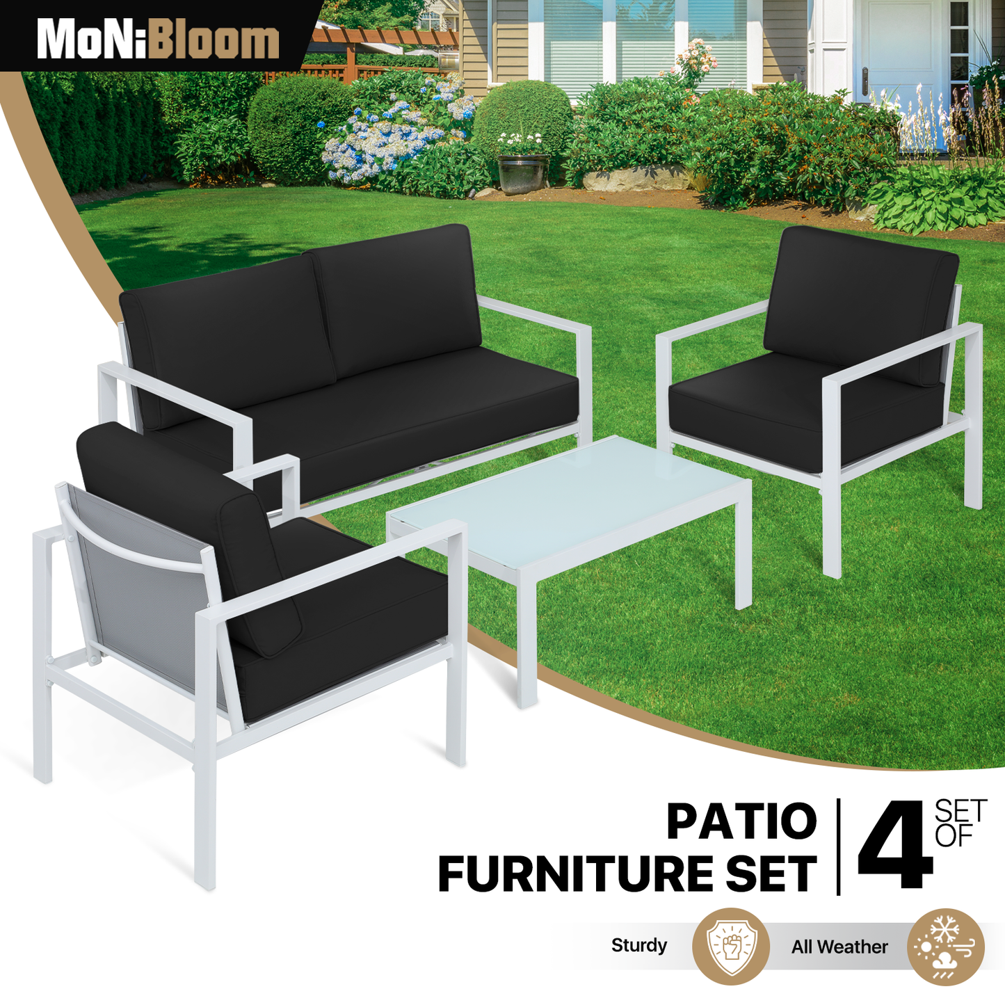 Patio Furniture Set - 2 Single Chair+1 Double Chair+1 Table - Teslin Cloth