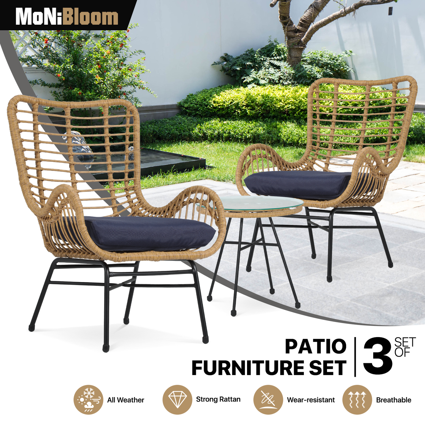 Teslin Cloth Patio Set - 2 Single Chair, 1 Table