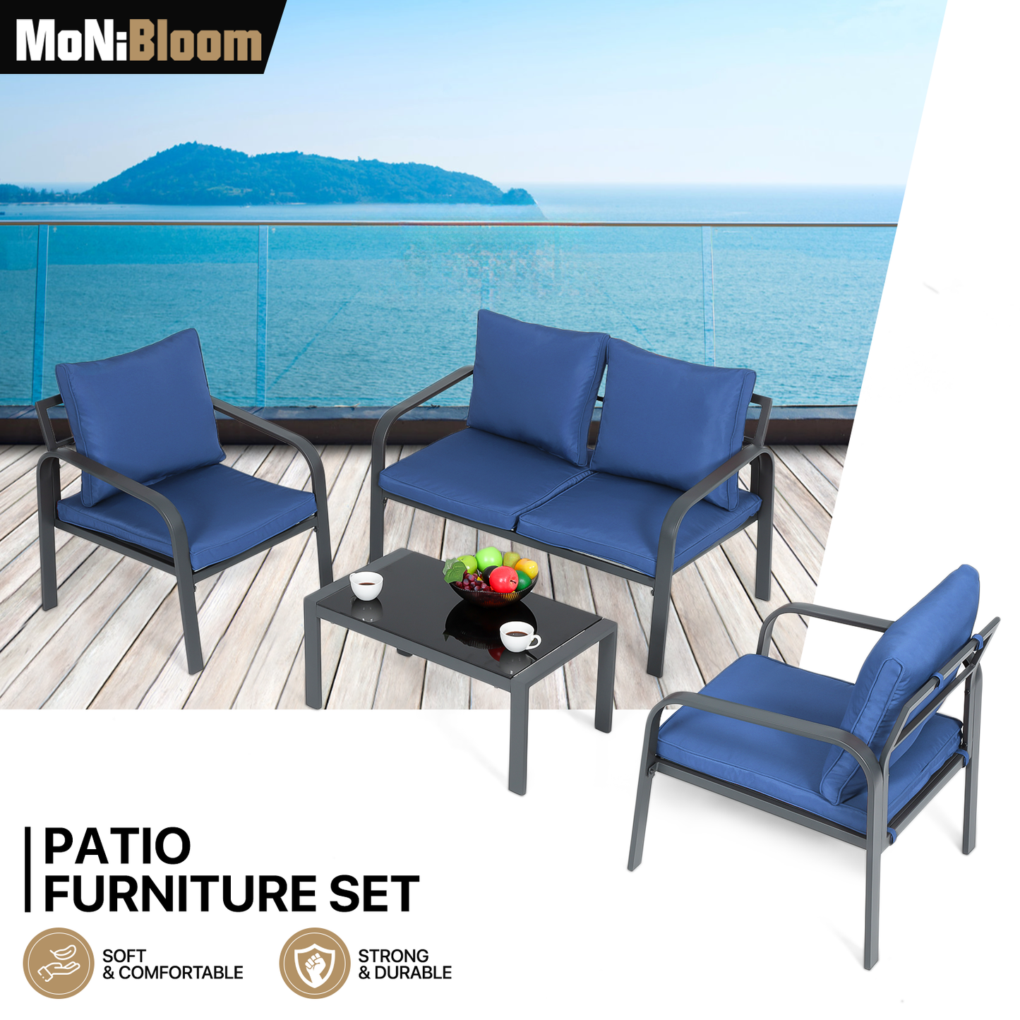 Patio Furniture Set - 2 Single Chair+1 Double Chair+1 Table - Teslin Cloth