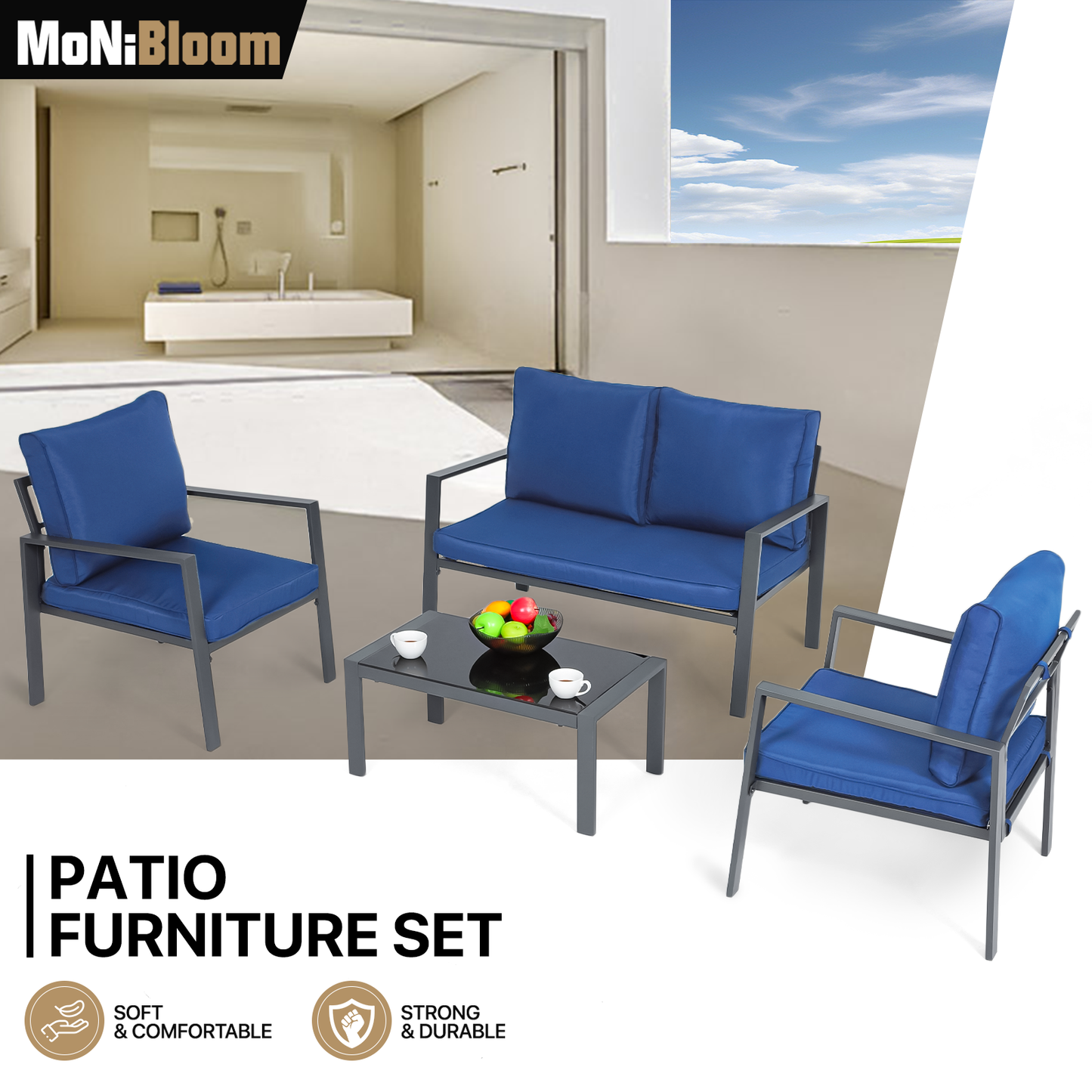 Patio Furniture Set - 2 Single Chair+1 Double Chair+1 Table - Teslin Cloth