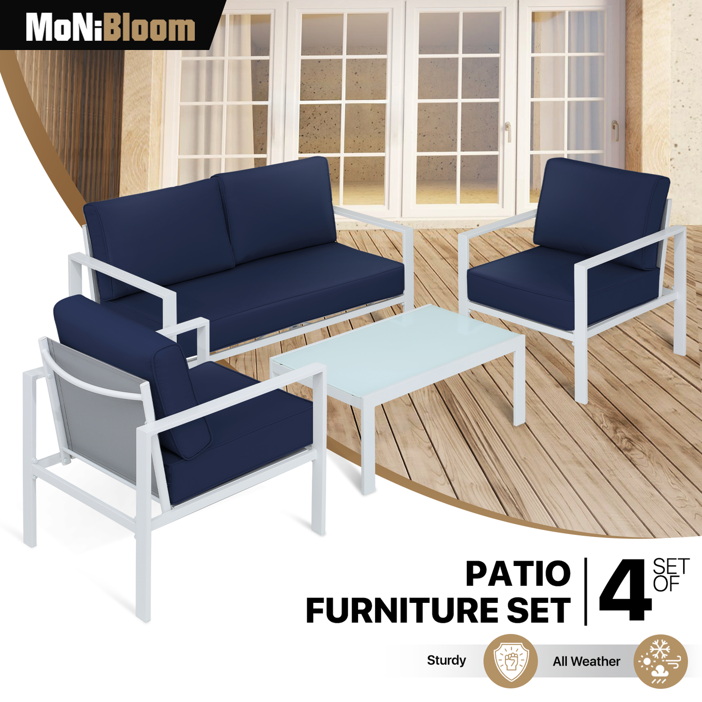 Patio Furniture Set - 2 Single Chair+1 Double Chair+1 Table - Teslin Cloth