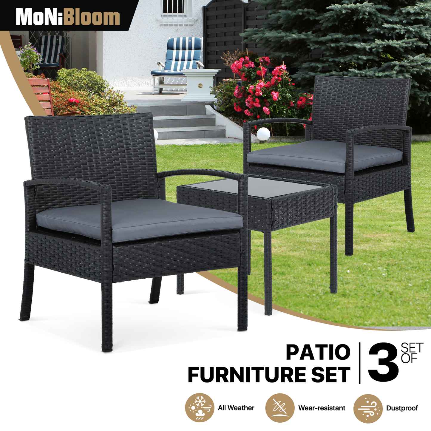 PE Rattan Patio Furniture Set - 2 Single Chair, 1 Table