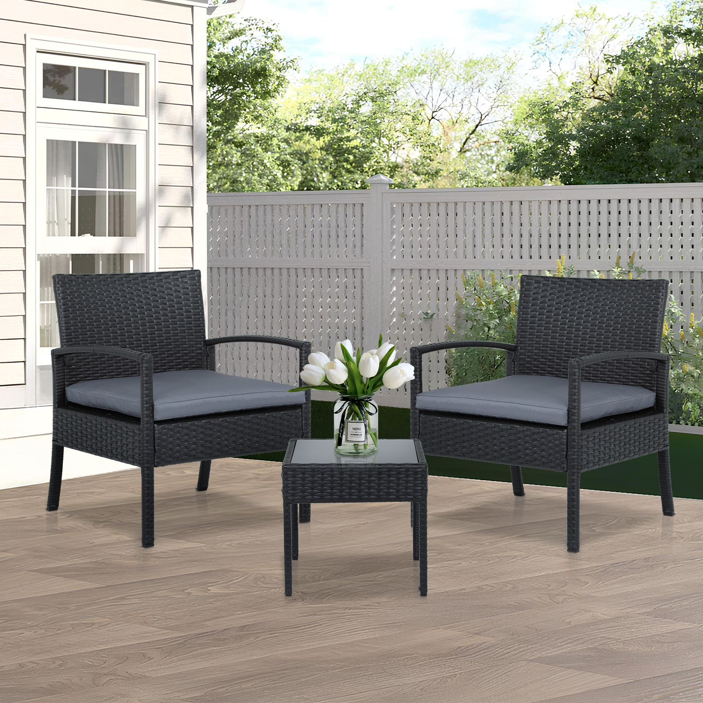 PE Rattan Patio Furniture Set - 2 Single Chair, 1 Table