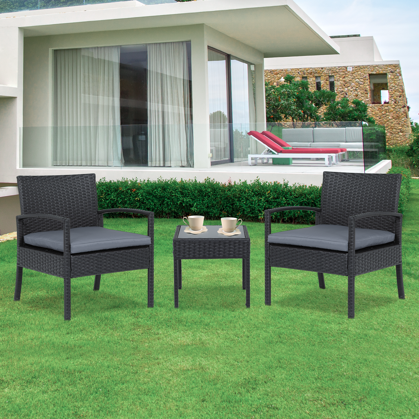 PE Rattan Patio Furniture Set - 2 Single Chair, 1 Table