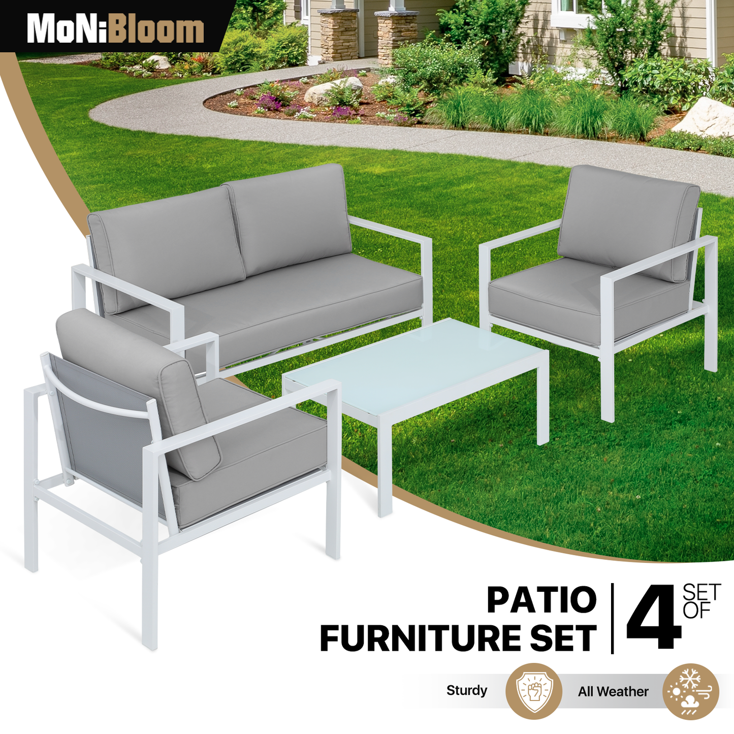 Patio Furniture Set - 2 Single Chair+1 Double Chair+1 Table - Teslin Cloth