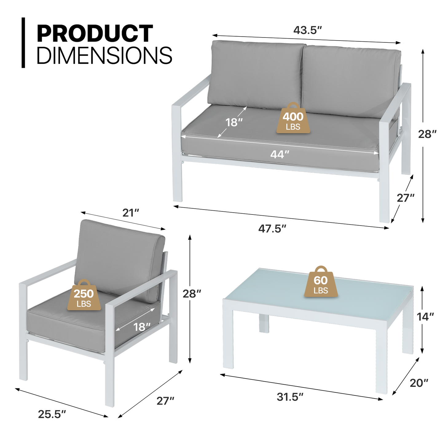 Patio Furniture Set - 2 Single Chair+1 Double Chair+1 Table - Teslin Cloth