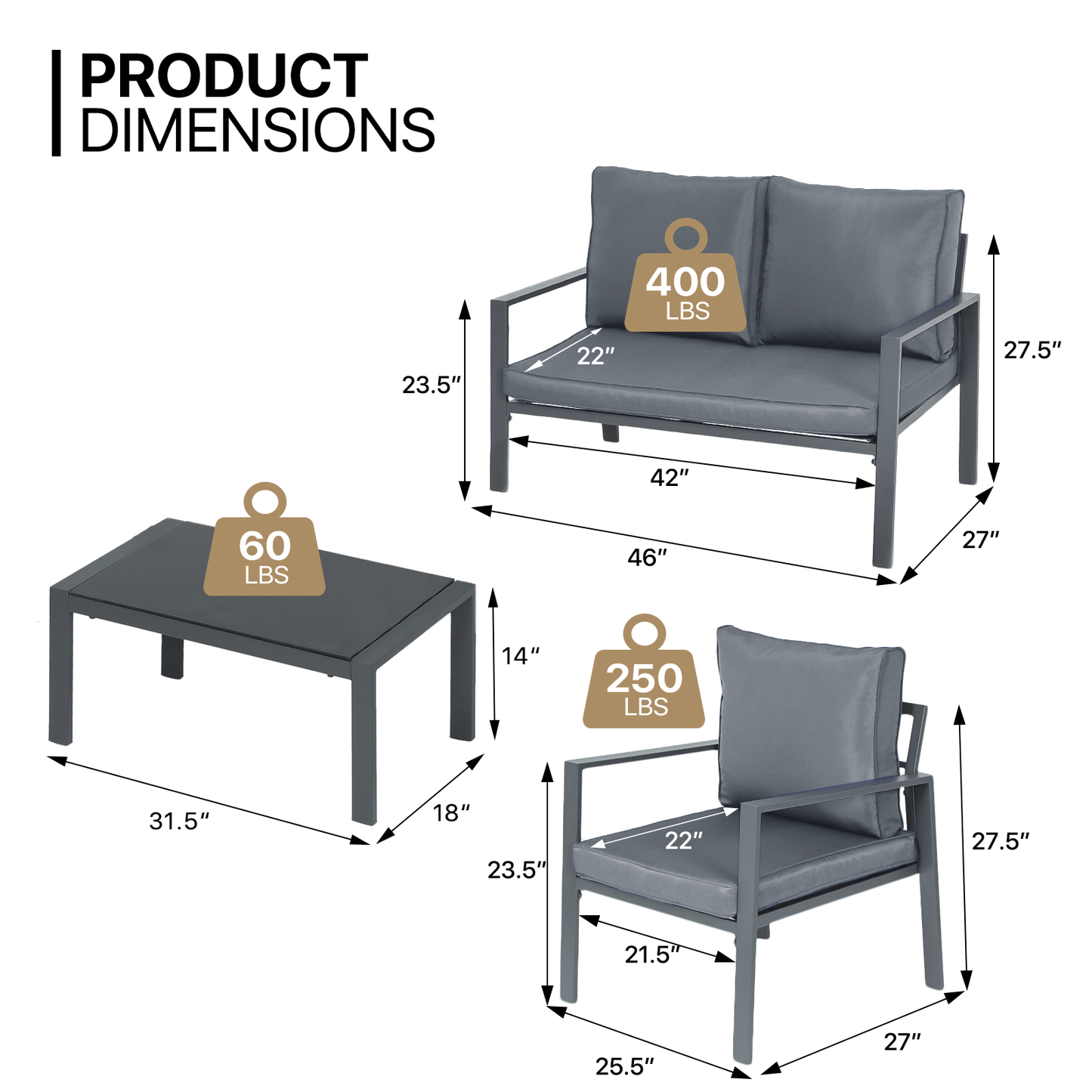 Patio Furniture Set - 2 Single Chair+1 Double Chair+1 Table - Teslin Cloth