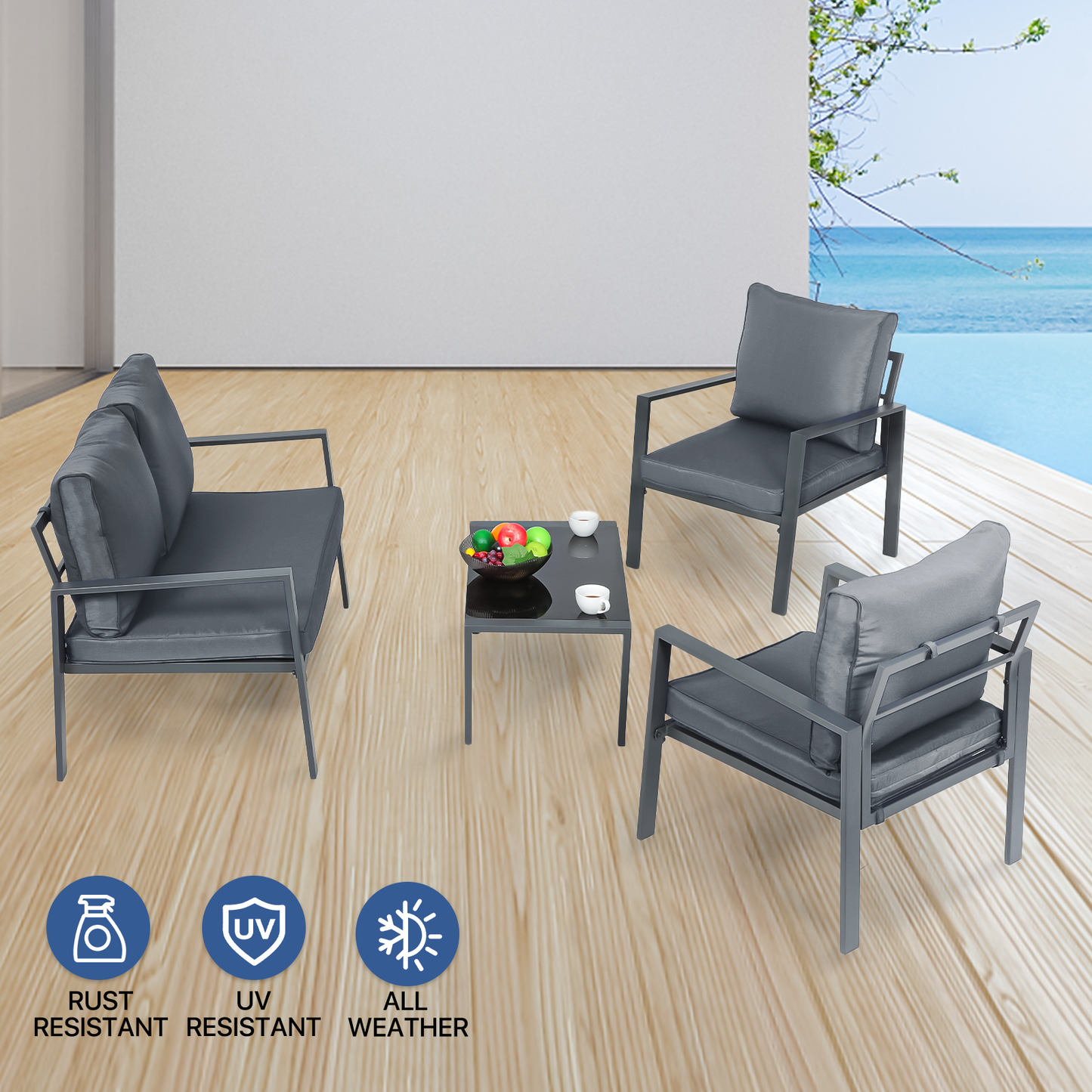 Patio Furniture Set - 2 Single Chair+1 Double Chair+1 Table - Teslin Cloth