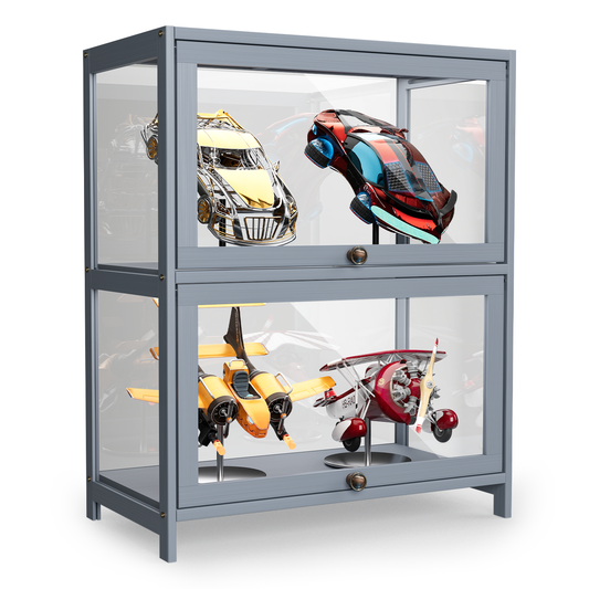 Display Case - Acrylic Flip Door - transparent on all sides - 2 Tiers - 23.5 in.L 13  in.W 29 in.H - Gray