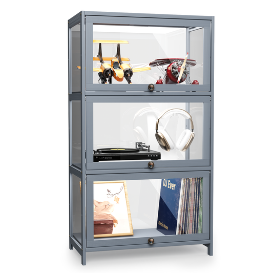 Display Case - Acrylic Flip Door - transparent on all sides - 3 Tiers - 23.5 in.L 13 in.W 42 in.H - Gray