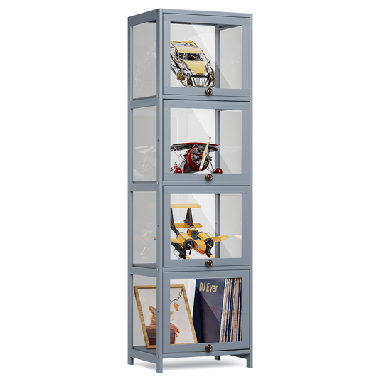 Display Case - Acrylic Flip Door - transparent on all sides - 4 Tiers - 16 in.L 13 in.W 55 in.H - Gray