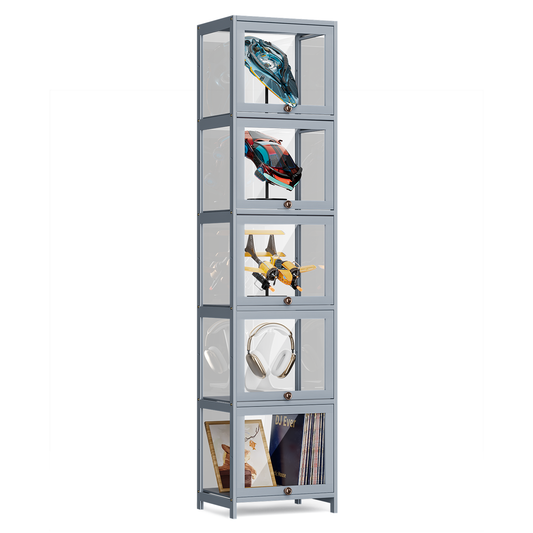 Display Case - Acrylic Flip Door - transparent on all sides - 5 Tiers - 16 in.L 12.5 in.W 68 in.H - Gray