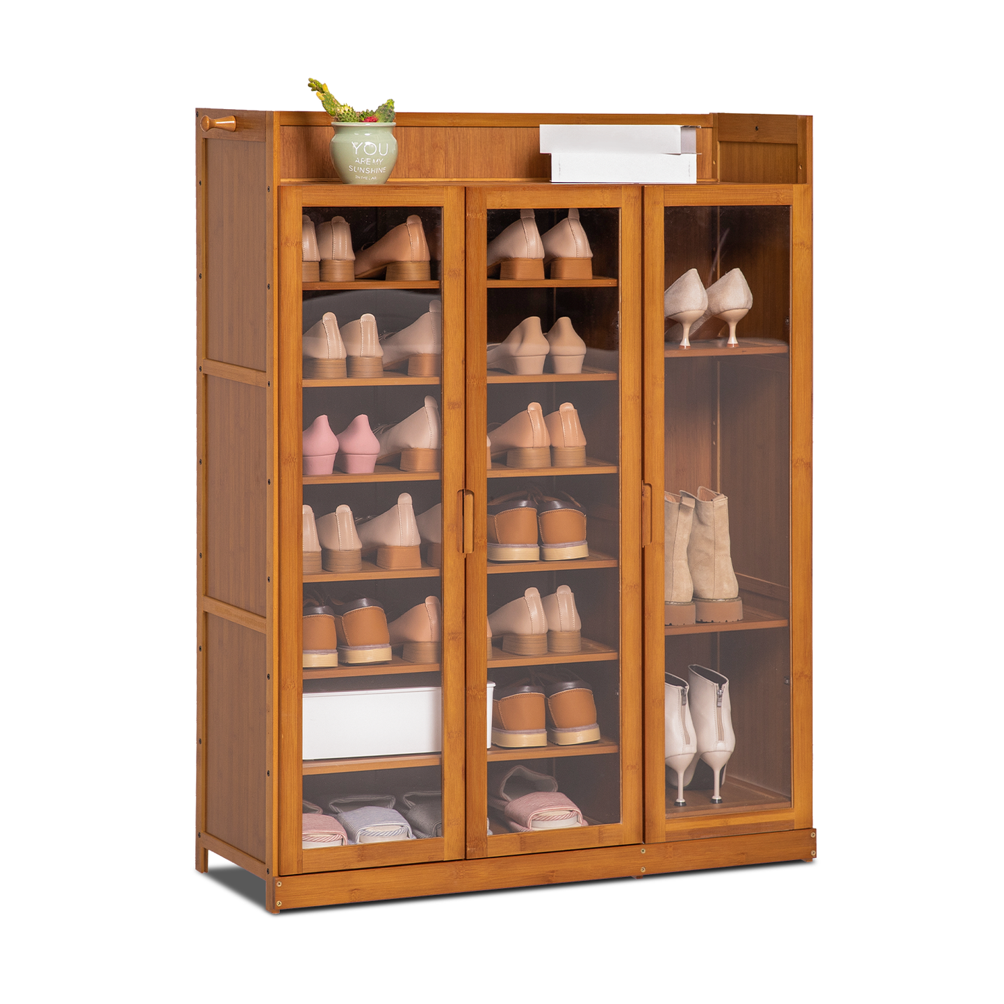 Visible Three-Doors Roofless Shoe Organizer w/Boots Compartments - Bamboo/Acrylic - Brown