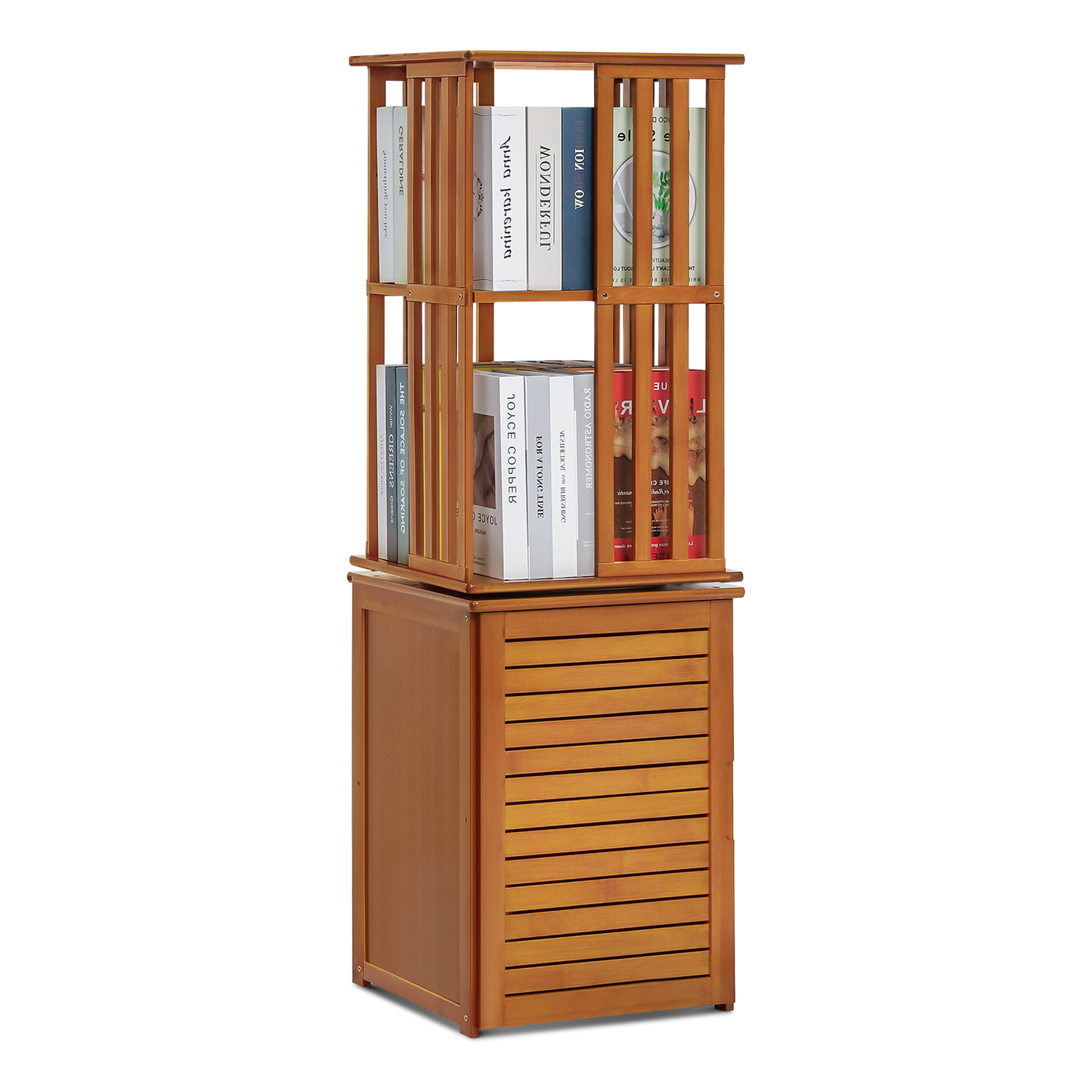 360°Swivel Bookshelf - Vertical Fence Pattern - with Bottom Cabinet Storage - 15" - Brown