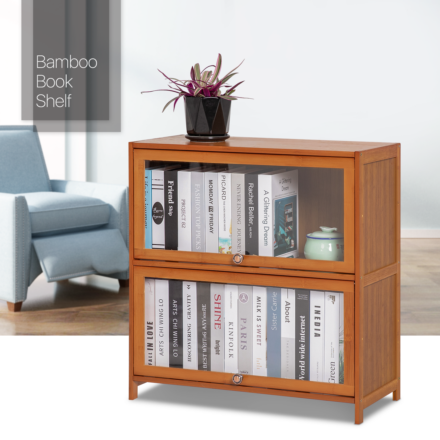 Visible Slide Up Door Bookcase - Bamboo/Acrylic - Brown