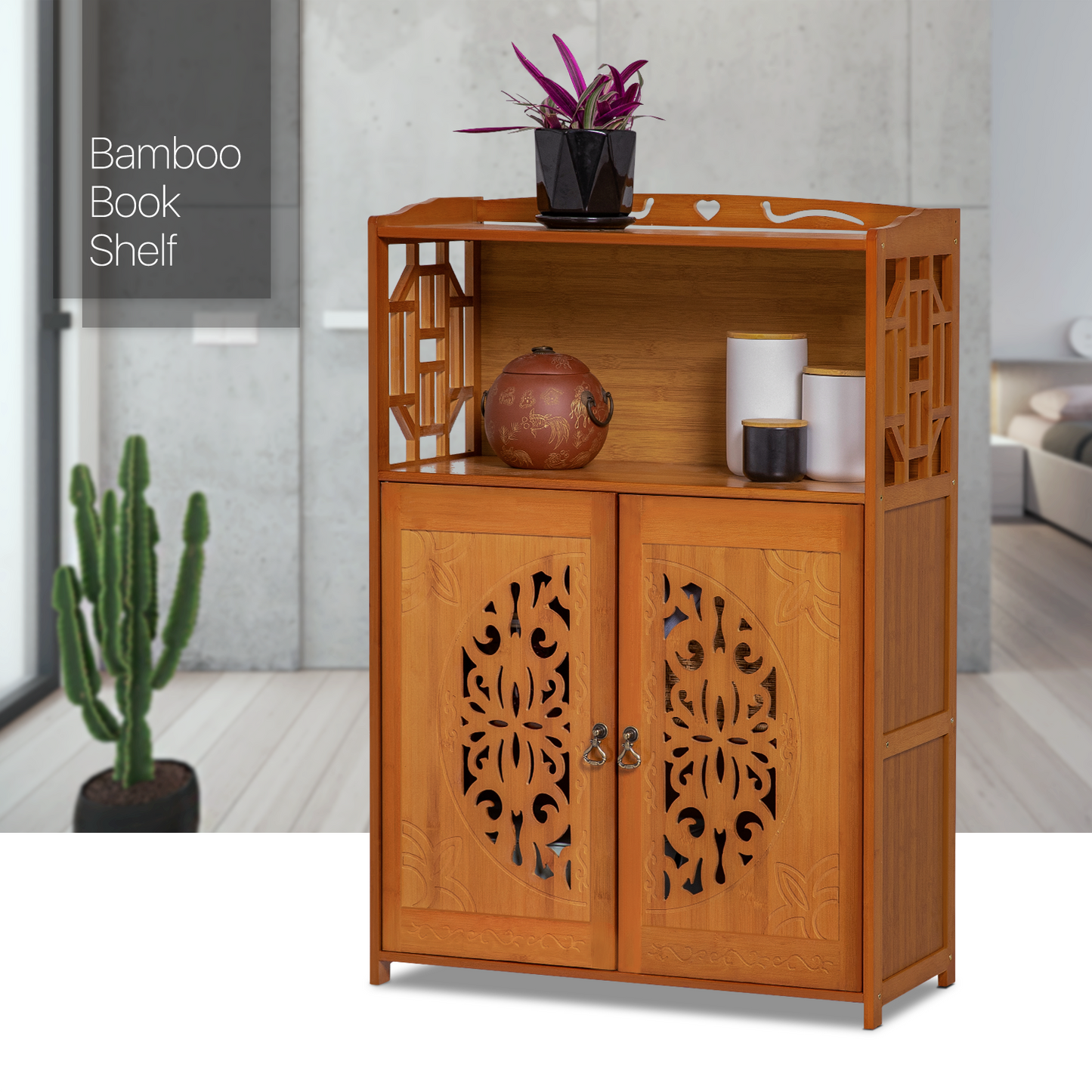 Chinese Hollow Pattern Two-Doors Bookcase - Brown