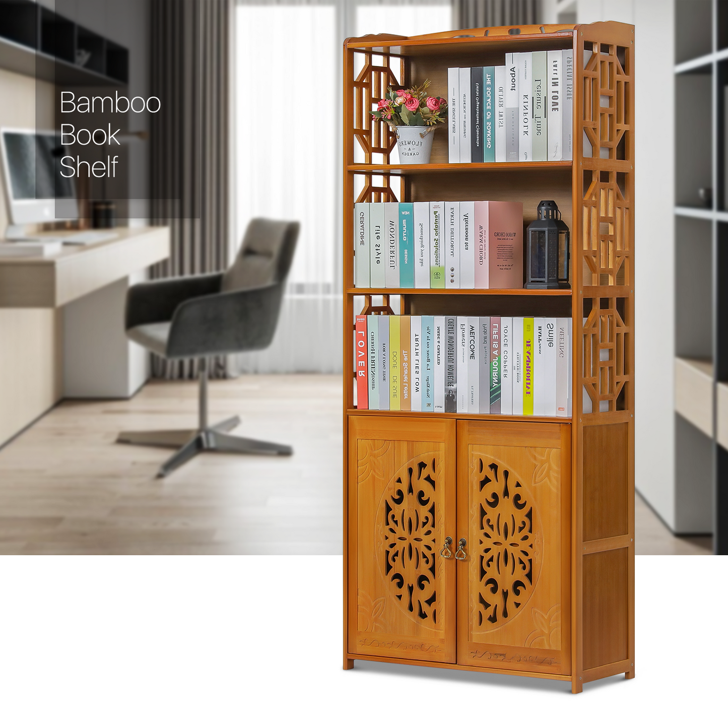 Oriental Multi-Functional Storage - with Engraved Cabinet Door - 5 Tier