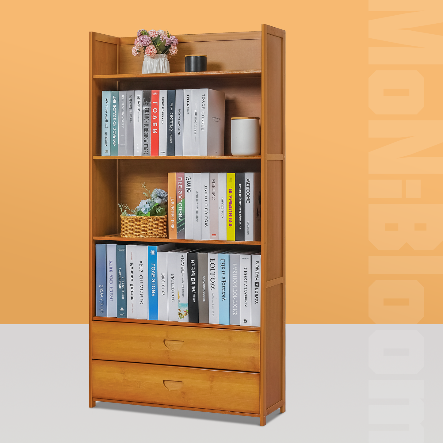 Simplified Multi-Functional Bookshelf - Open Top - with Drawer - 5 Tier - Brown