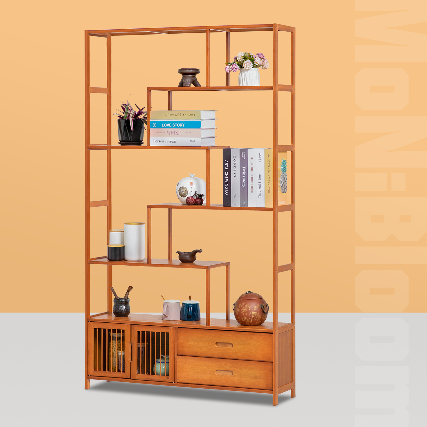 Chinese Etagere Bookcase w/Dual Drawers - Brown