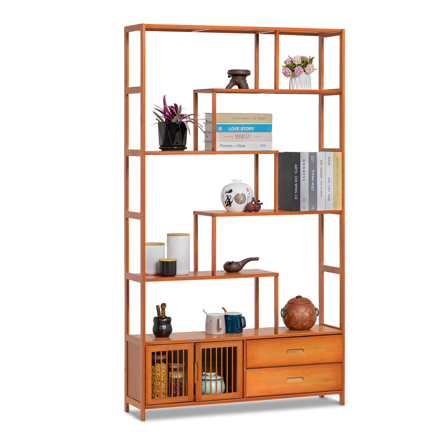 Chinese Etagere Bookcase w/Dual Drawers - Brown