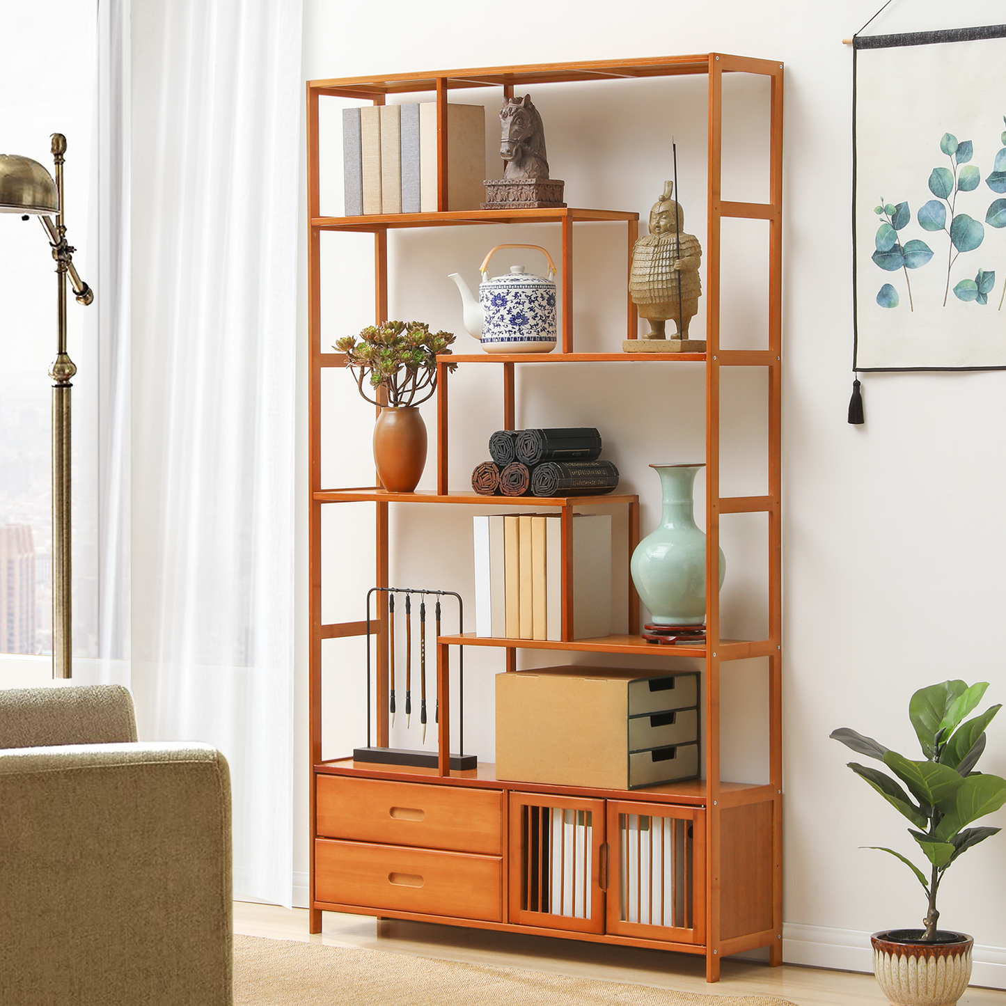Chinese Etagere Bookcase w/Dual Drawers - Brown