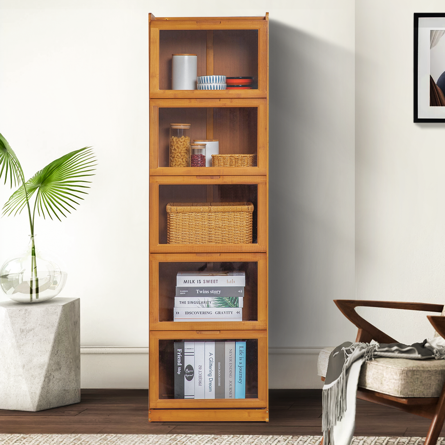 Visible Drop Down Door Bookcase - Bamboo/Acrylic - Brown