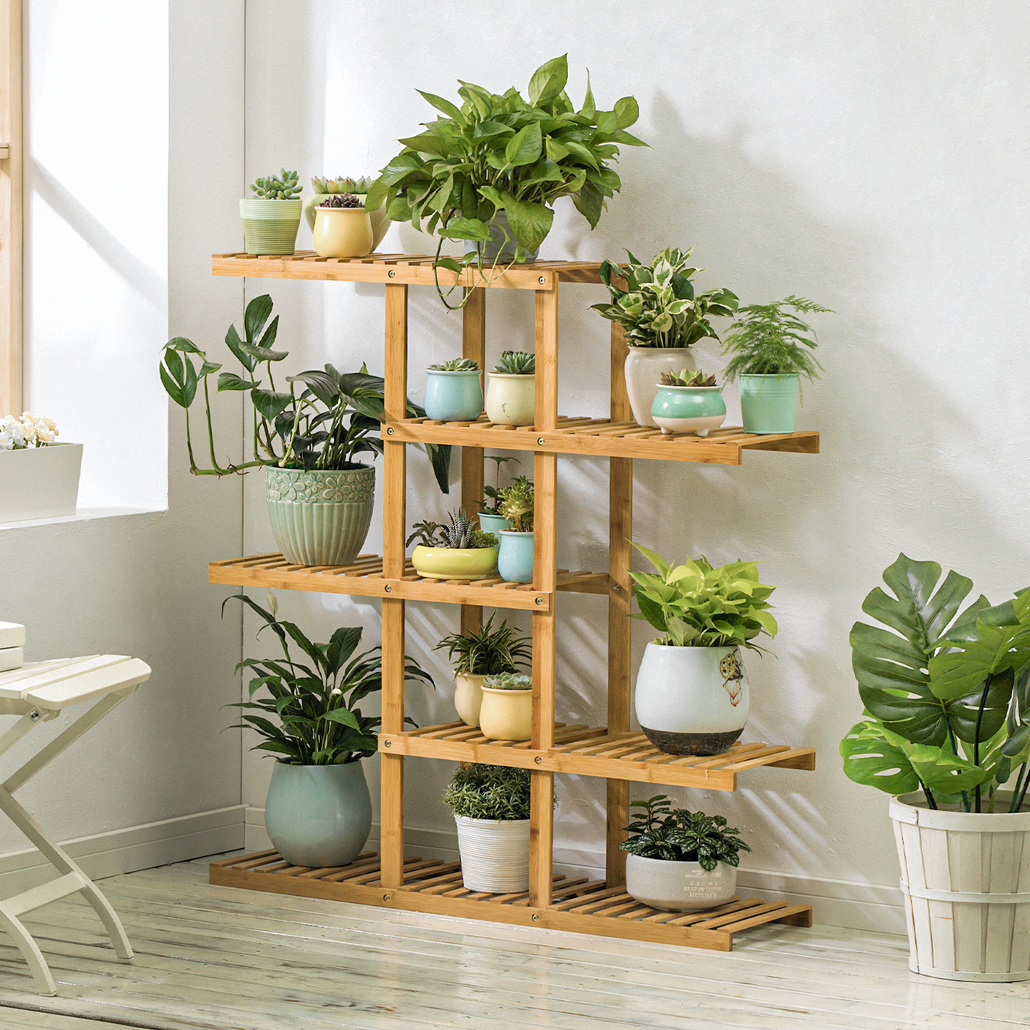 Flower Plant Stand Display Shelf - Zip-Zag Layer - 39" - Natural