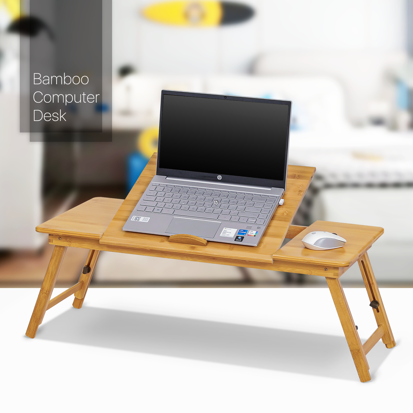Laptop Desk Bed Table with Tilting Top - Adjustable Height - Natural
