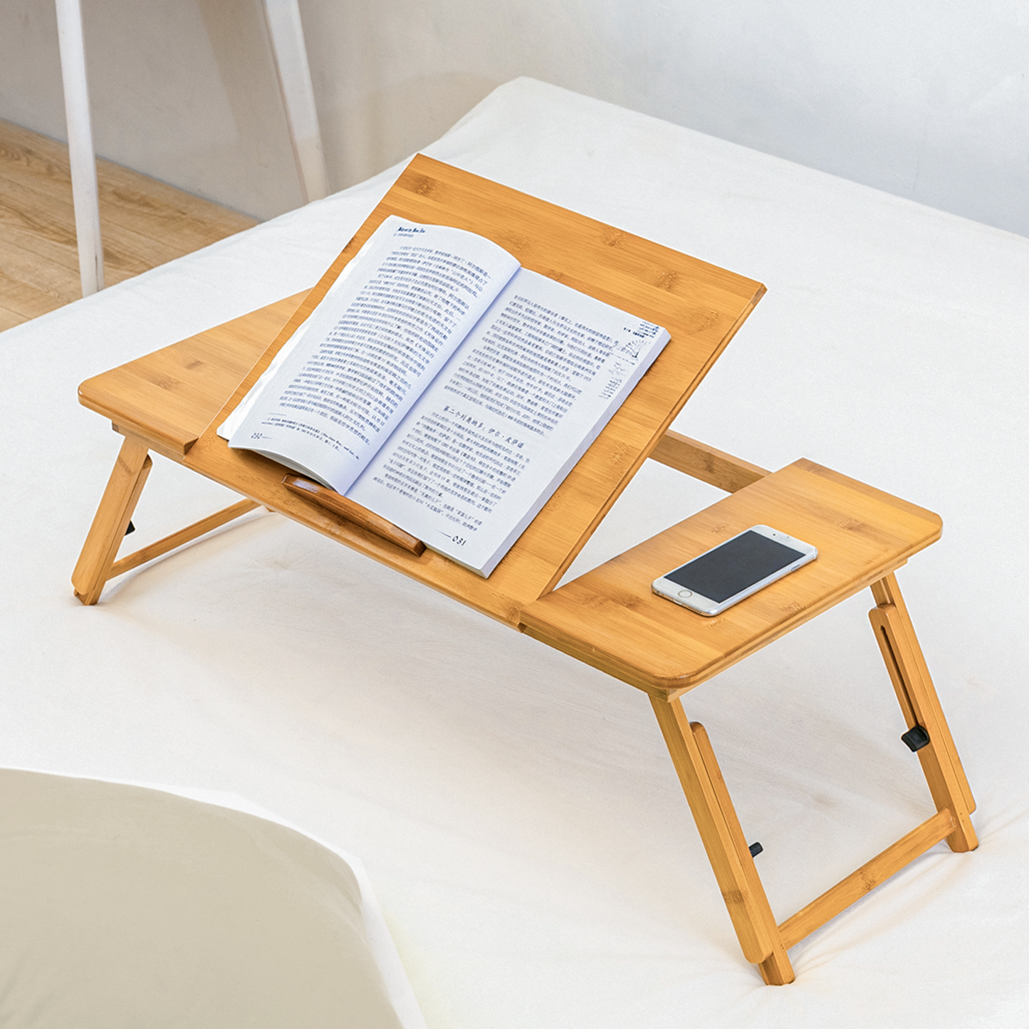 Laptop Desk Bed Table with Tilting Top - Adjustable Height - Natural