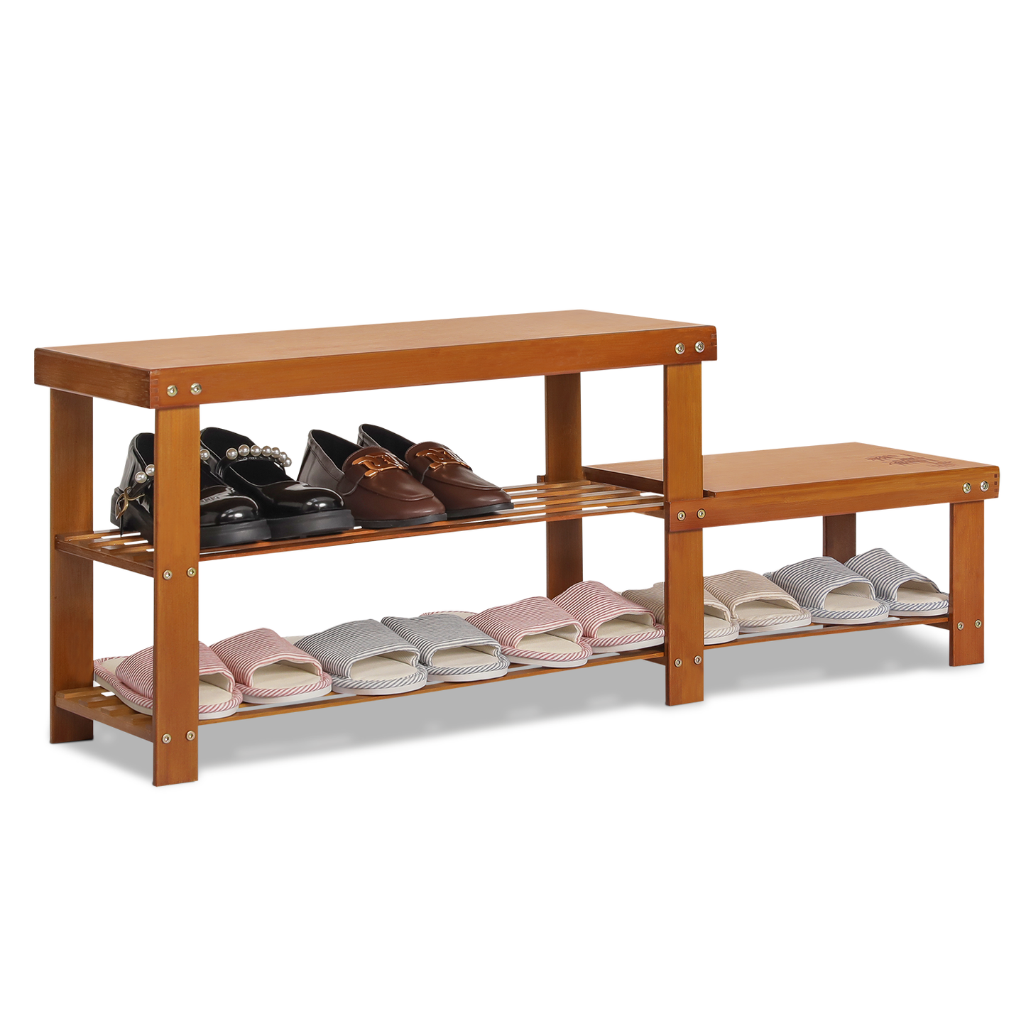 Double Row Shoe Rack Organizer - Changing Bench - 2 Tier - Brown