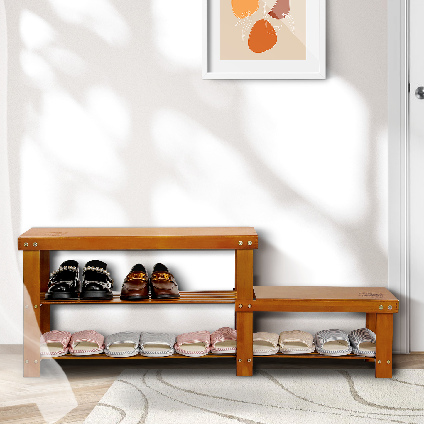 Double Row Shoe Rack Organizer - Changing Bench - 2 Tier - Brown