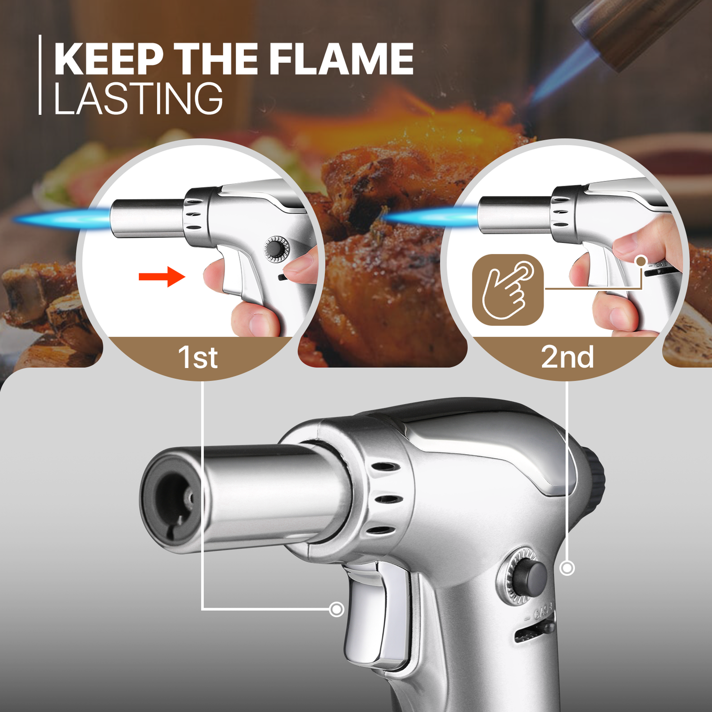 Butane Torch Lighter - Adjustable Flame Length+Safe Lock - w/Continuous Flame Mode