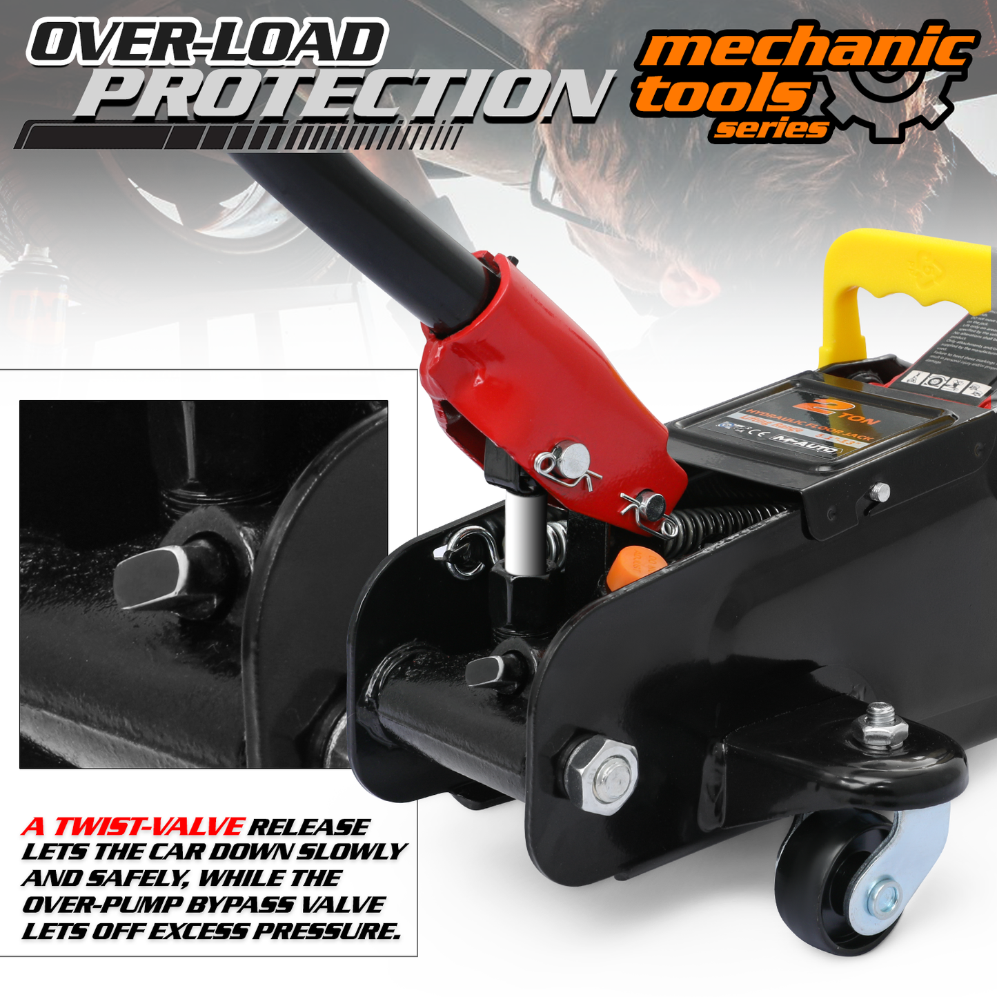 Hydraulic Floor Jack - 2 Ton Load-Bearing - Bulit-in Handle/ 4 Wheels - w/ Case