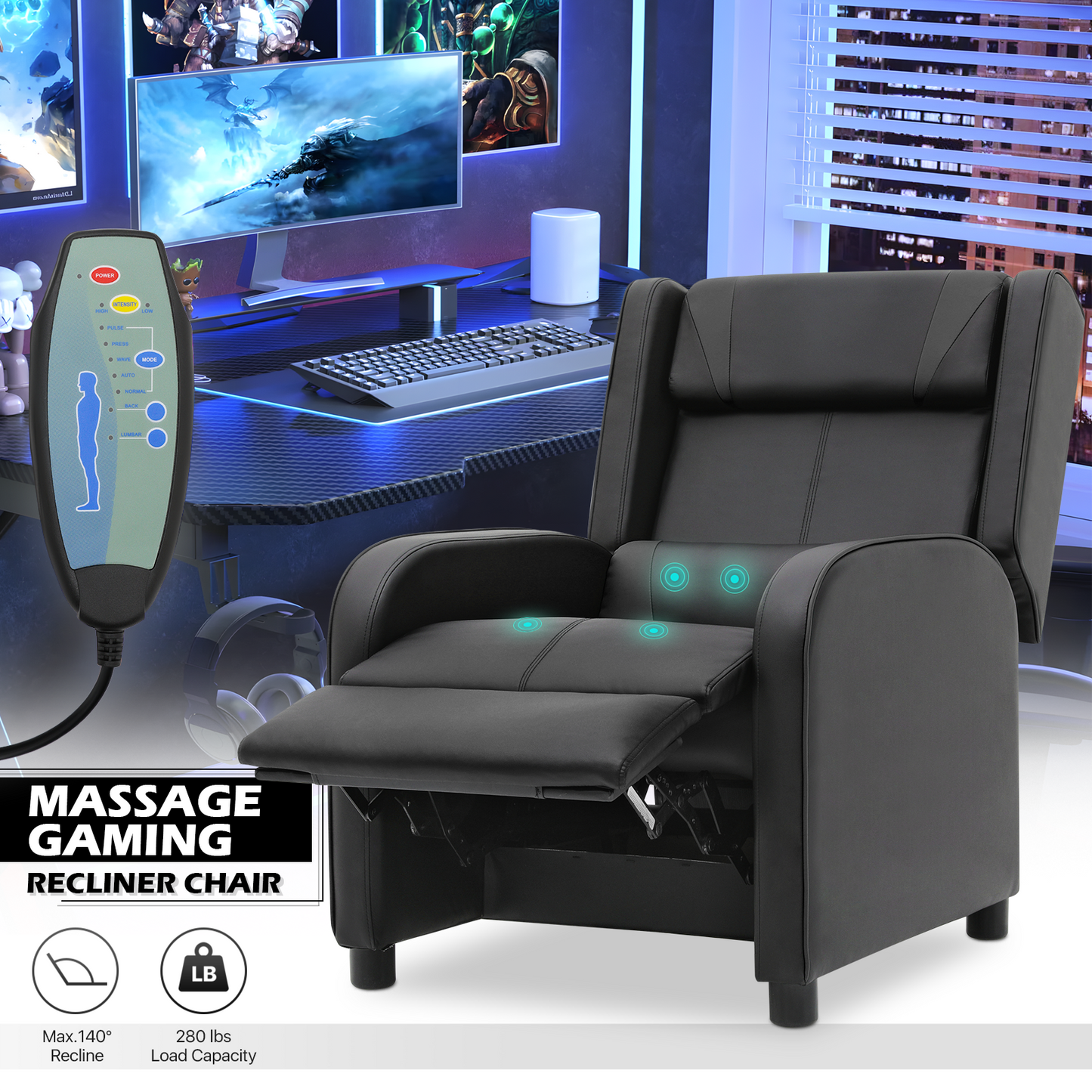 MoNiBloom Gaming Chair Recliner Ergonomic Reclining Game Chair Bedroom  Single Sofa Video Game Couch PU Leather Theater Seating with Cup Holder for  RV