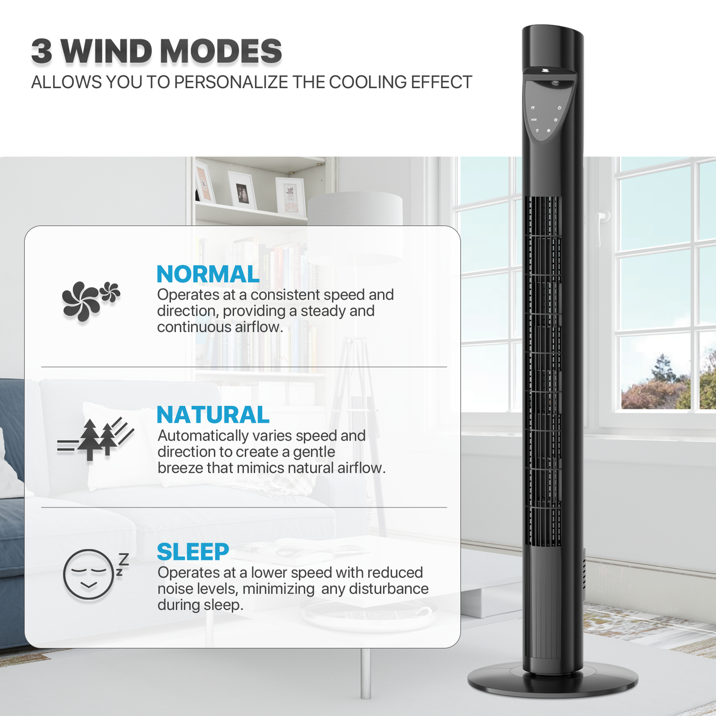 38" Tower fan 3 Speed - Room Temperature Display - Touch Screen Control - LED Down Light