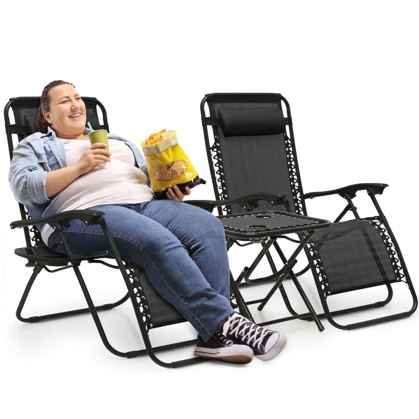 Lounge Chair - 29" Seat Width - Adjustablt Backrest 95°-140° - 2 Chairs+1 Folding Table w/Tray & Headrest